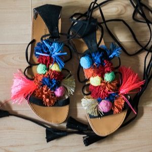 Ashley Stewart Pom Pom Lace Up Sandals